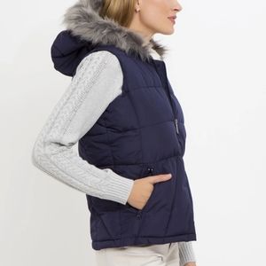 Aeropostale Womens Knit Puffer Jacket Vest Size Small Navy Blue Hooded Faux Fur